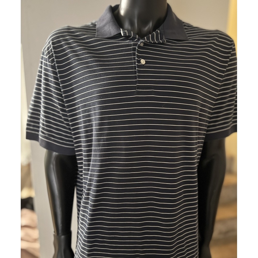 Turnbury Men's L Polo Shirt Navy/White Striped Short Sleeve Cotton Collared